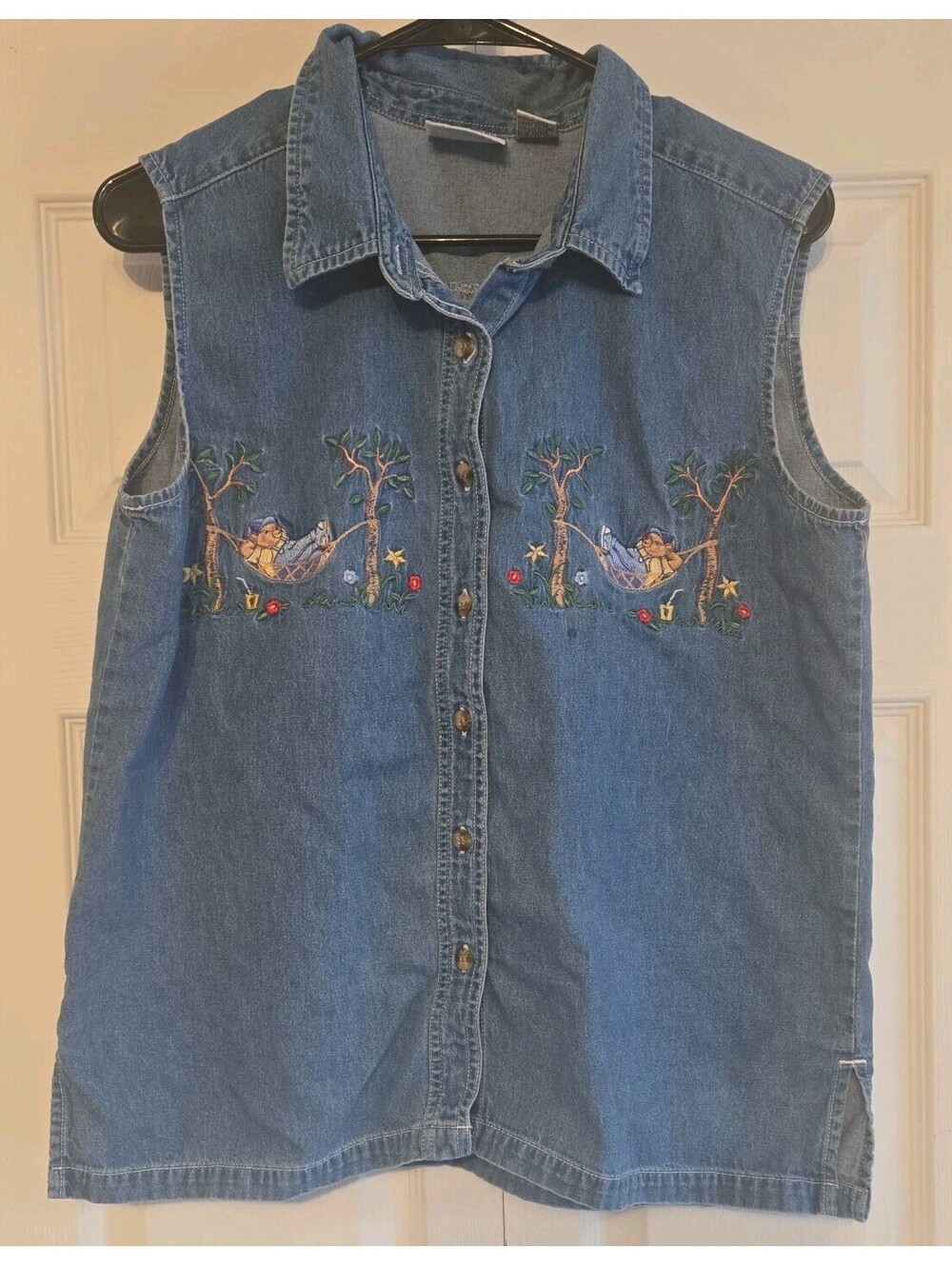Vtg Chambray Denim Embroidered Bear Vest Cottage Core Sz L Cool Blue